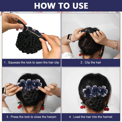 Rose Flower Hair Bun Net With Clip