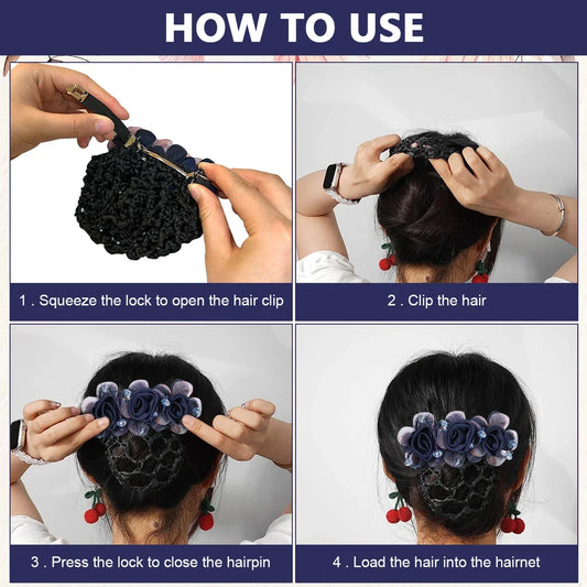Rose Flower Hair Bun Net With Clip