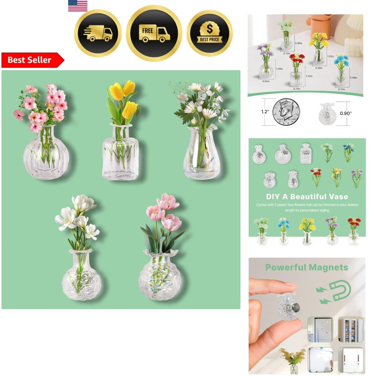 Mini Vase Magnets for Fridge Tiny Glass Vases with Flowers
