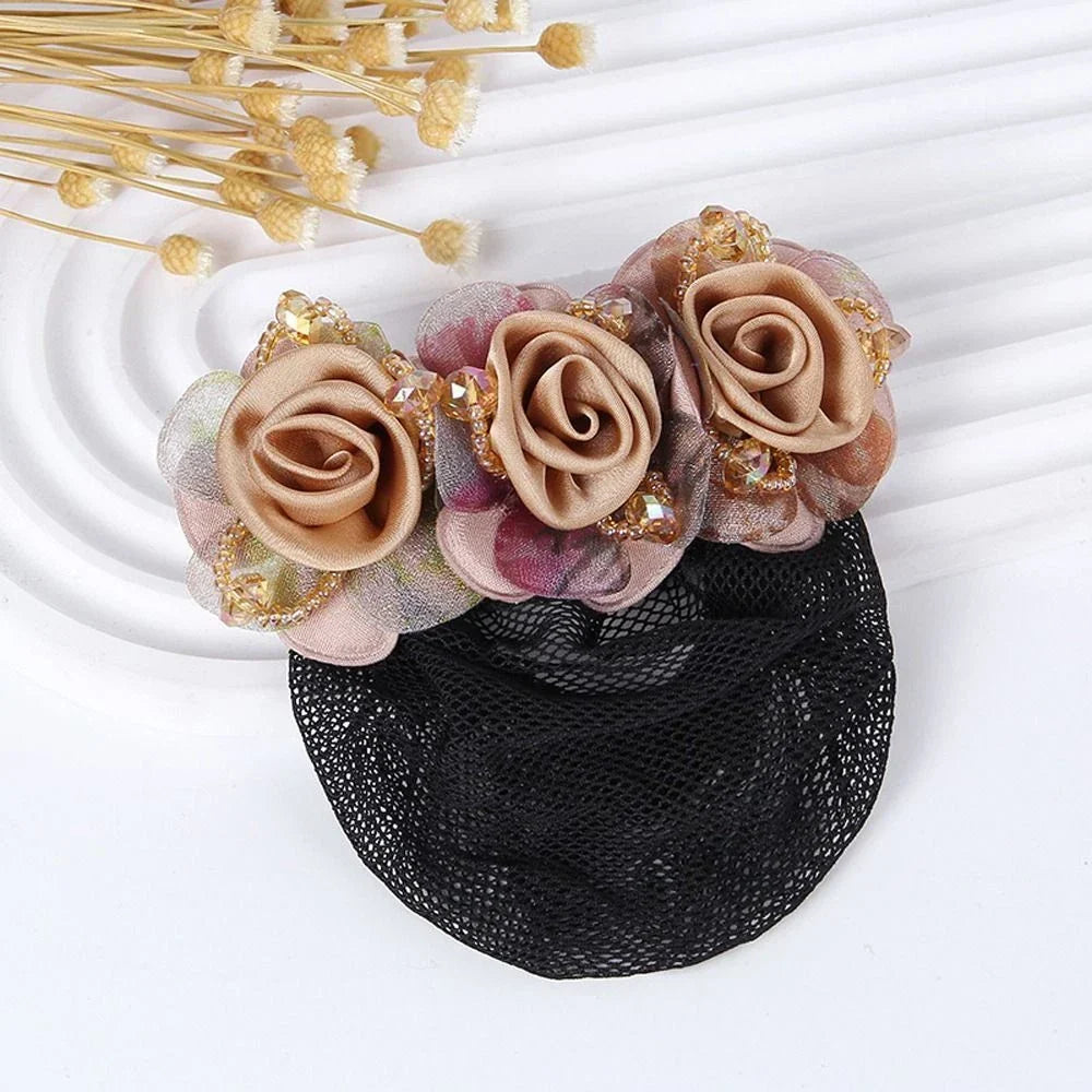 Rose Flower Hair Bun Net With Clip