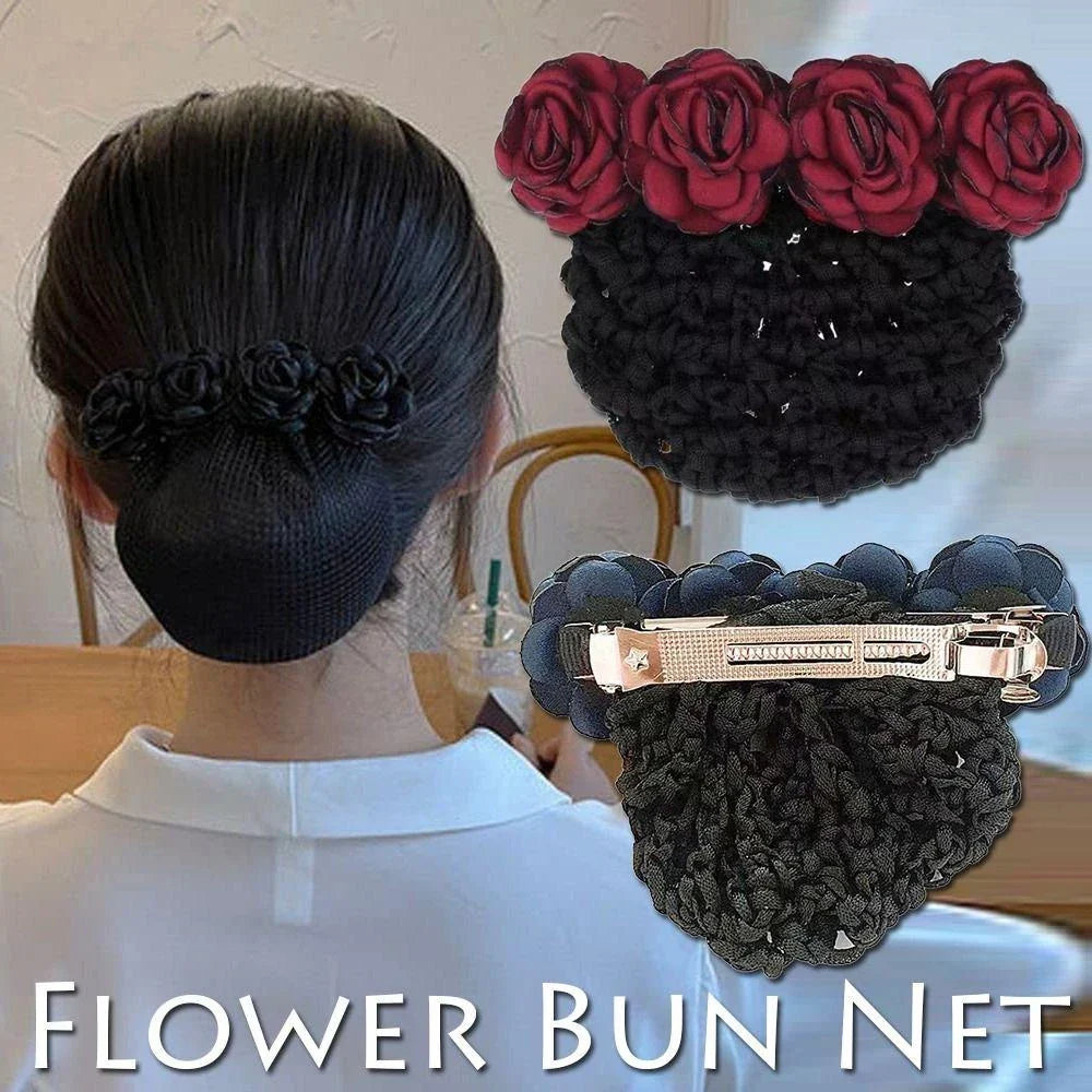 Rose Flower Hair Bun Net With Clip